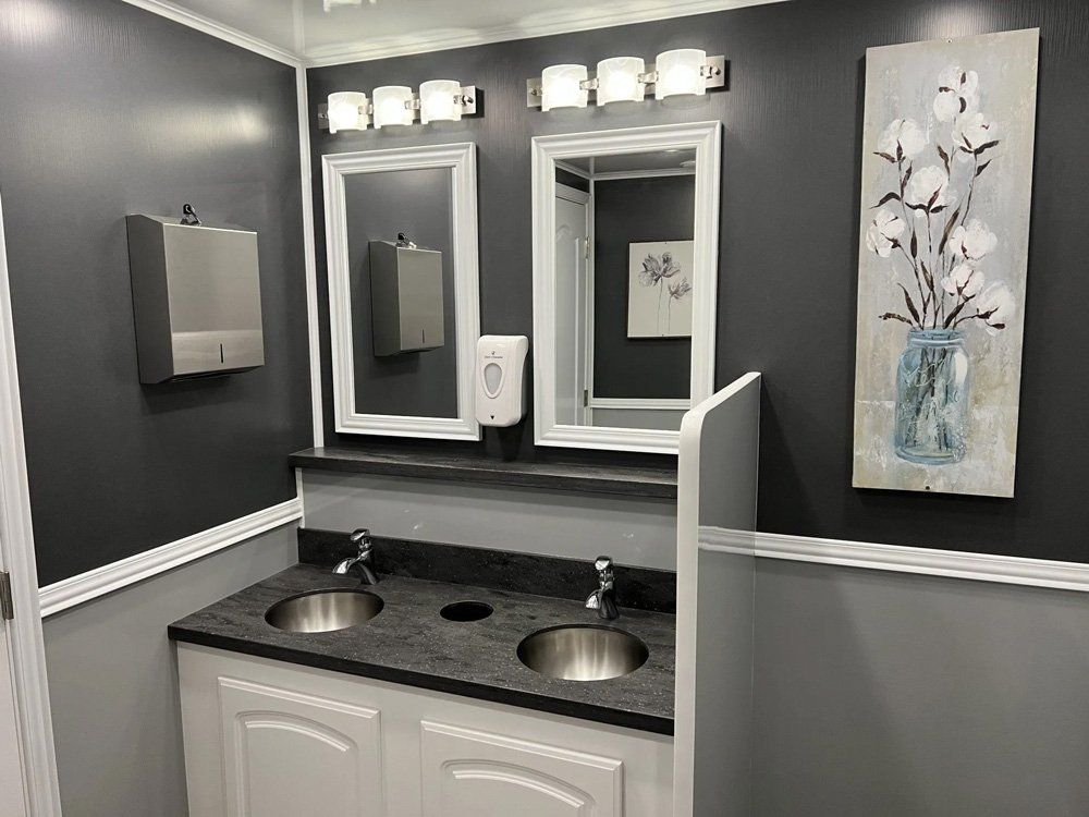 Bathroom with dual sinks, mirrors, and a cotton plant painting on a gray and white wall.