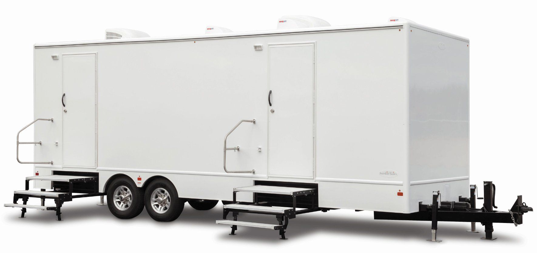 White mobile trailer stage with two doors, steps, and twin axles on a plain white background