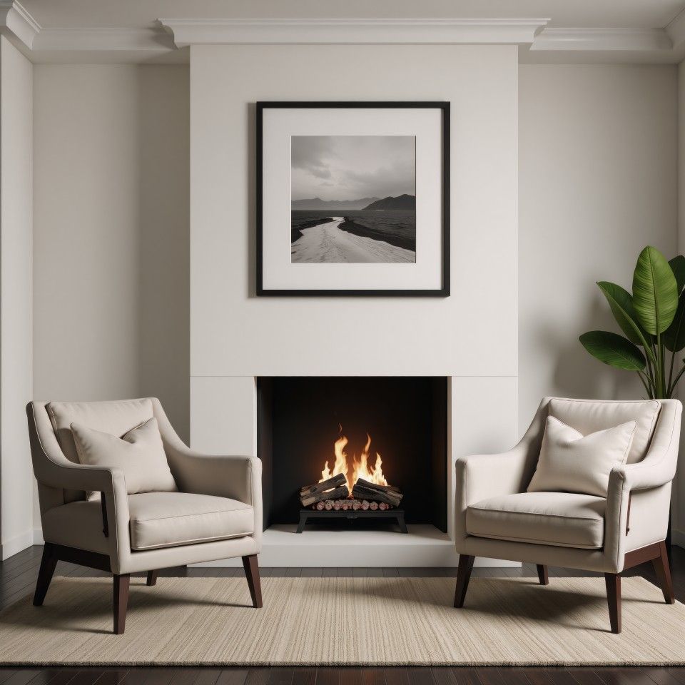 Two beige armchairs face a fireplace with a burning fire and a landscape print.