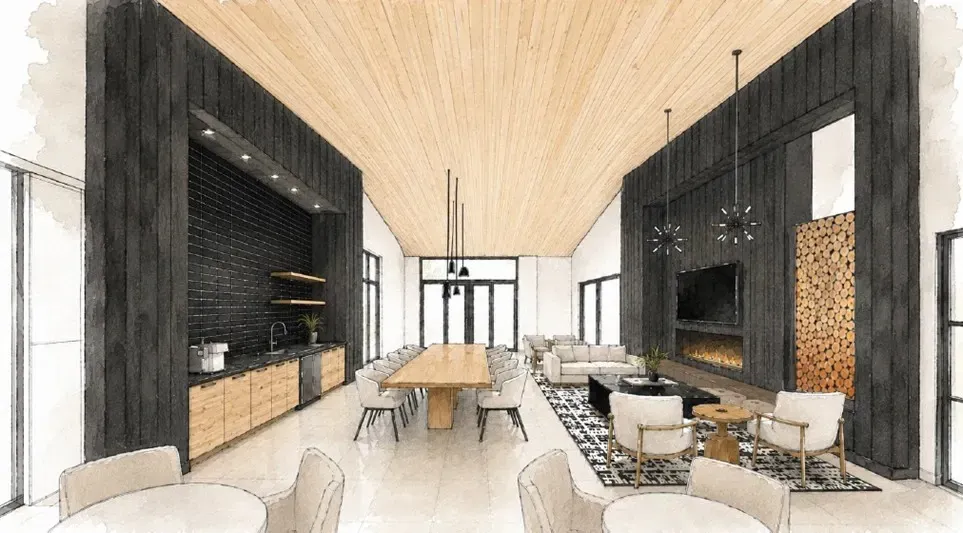 Rendering of a modern community lounge with a long dining table, sofas, fireplace, and a wet bar.