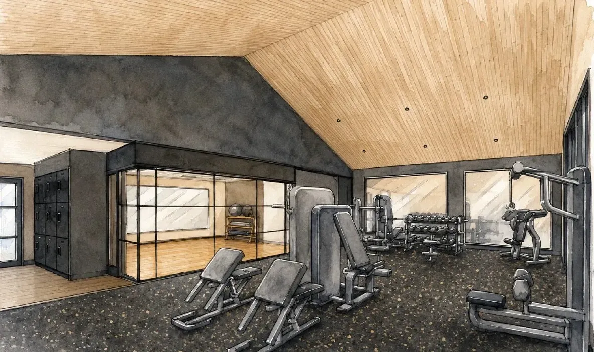 Rendering of a modern gym with weight machines, free weights, and lockers.