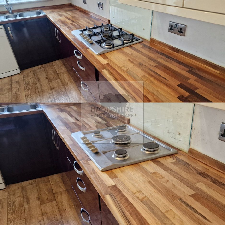 Deep cleaning wooden worktop to remove grease and surface residue before refinishing