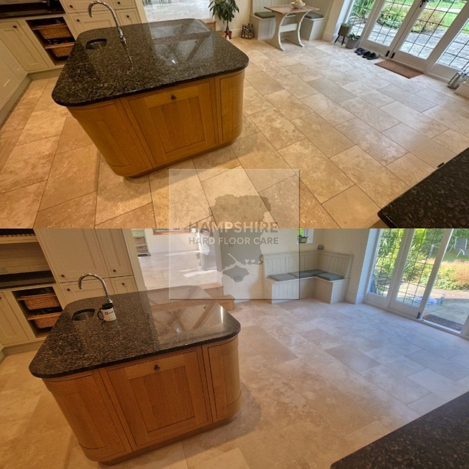 Close-up of Travertine after honing to remove etching and dull areas