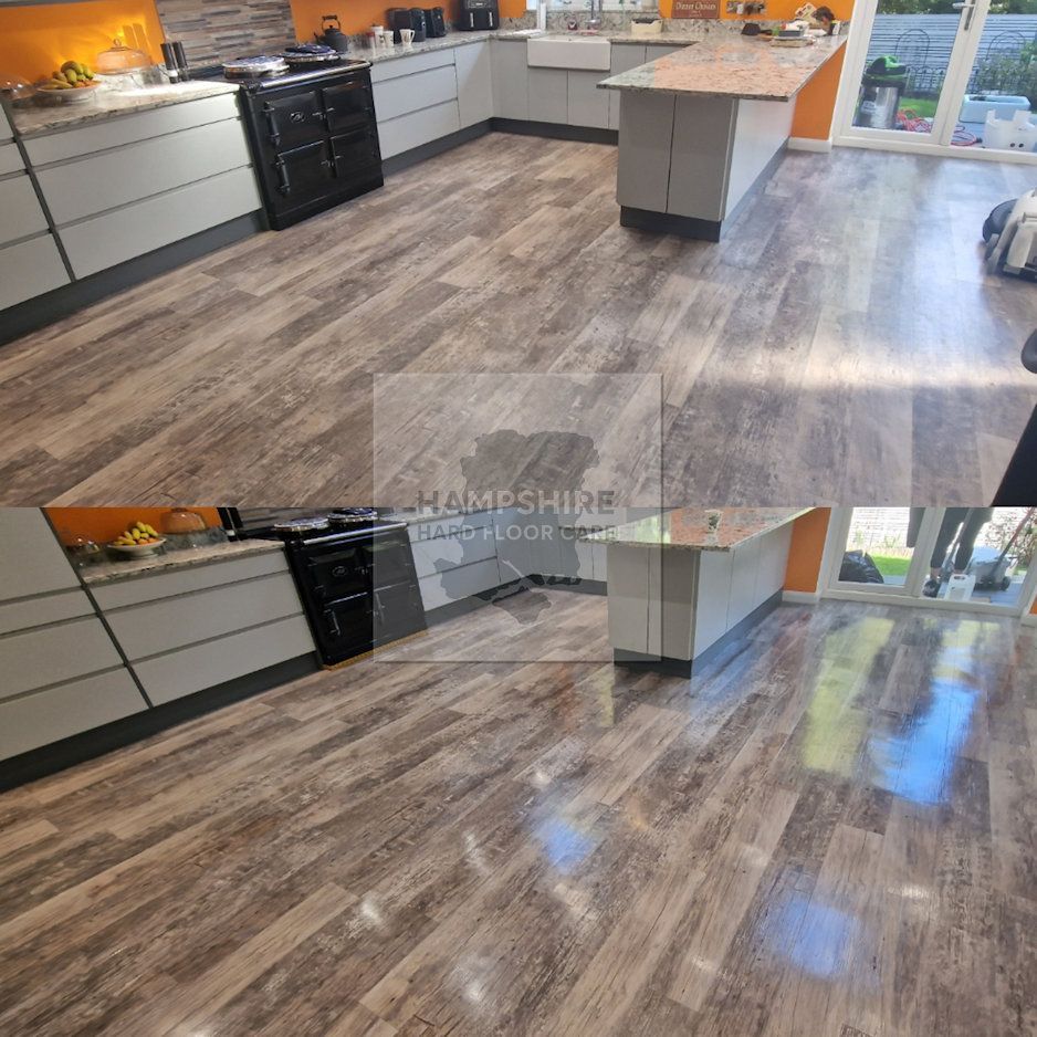 Amtico tiles being machine-cleaned to remove built-up dirt and old dressings