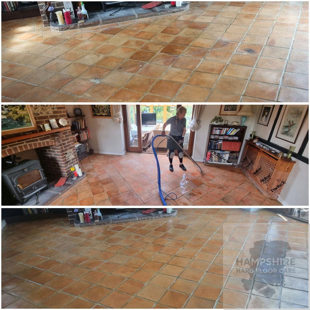 Restored terracotta tiles with rich, warm tones after professional cleaning and sealing
