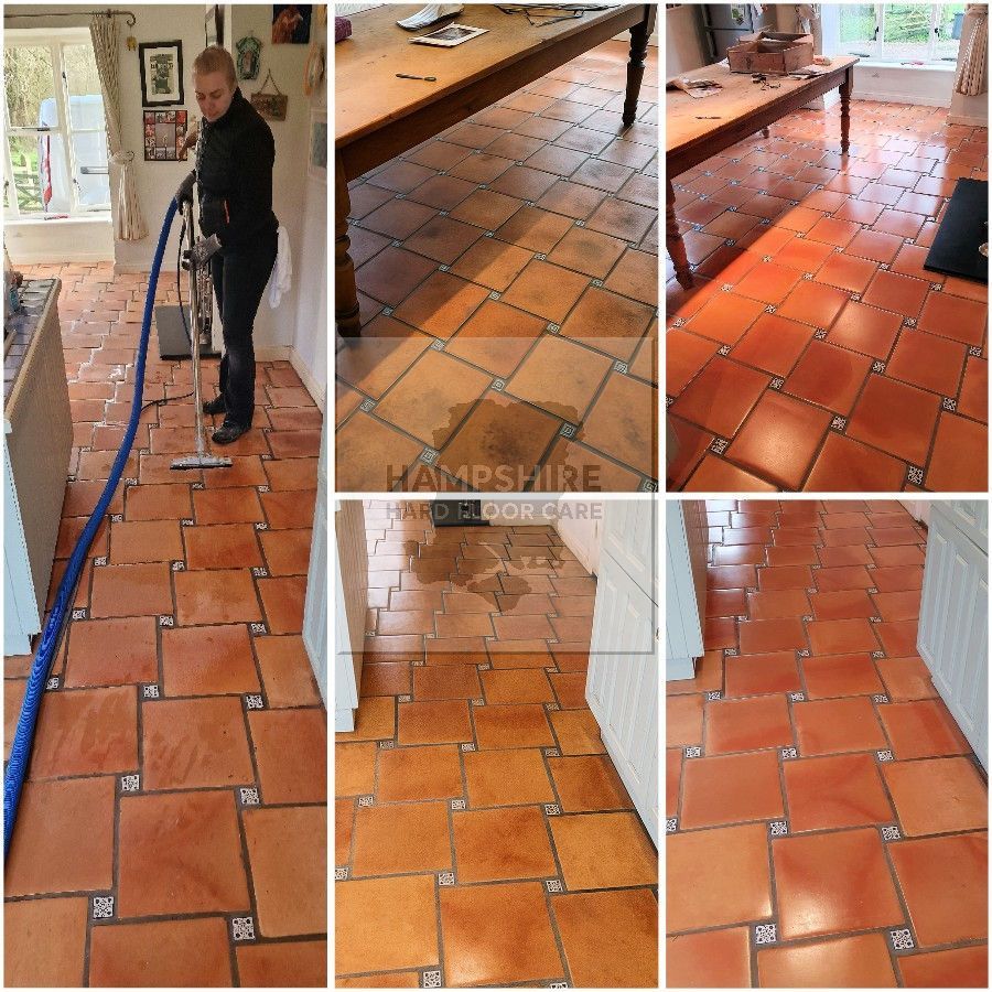 Terracotta tiles being stripped to remove old coatings and built-up residues