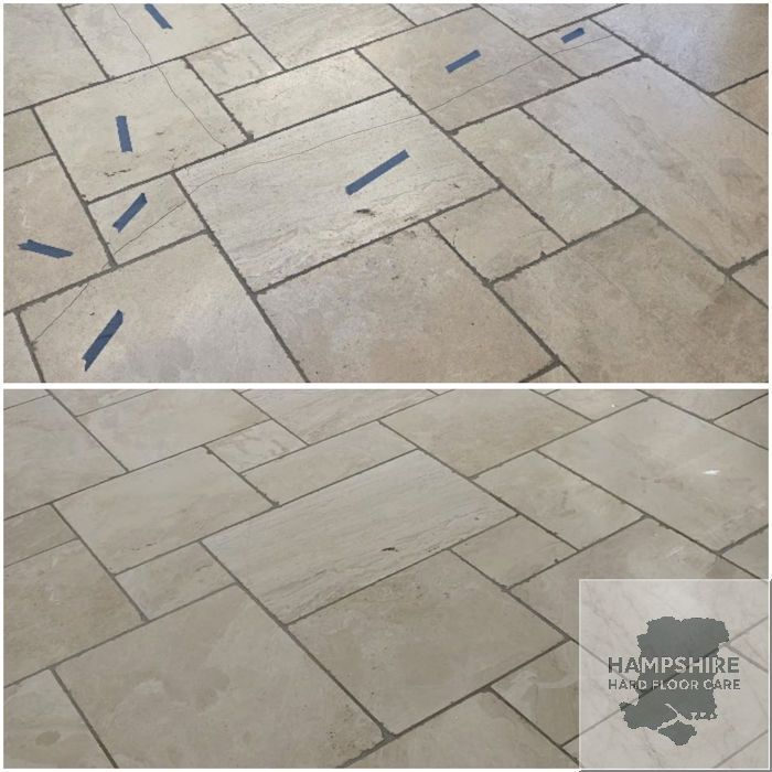 Colour-matched travertine crack repairs before honing