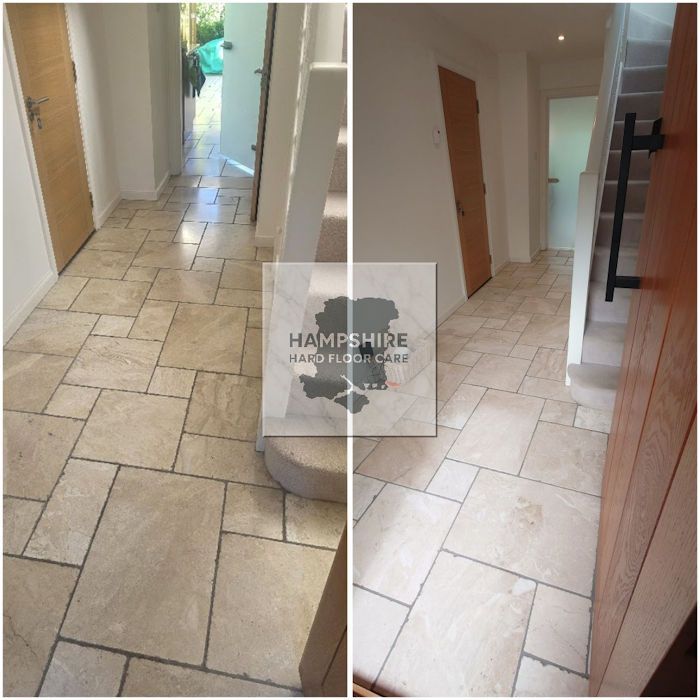 Travertine floor after deep cleaning, honing and sealing