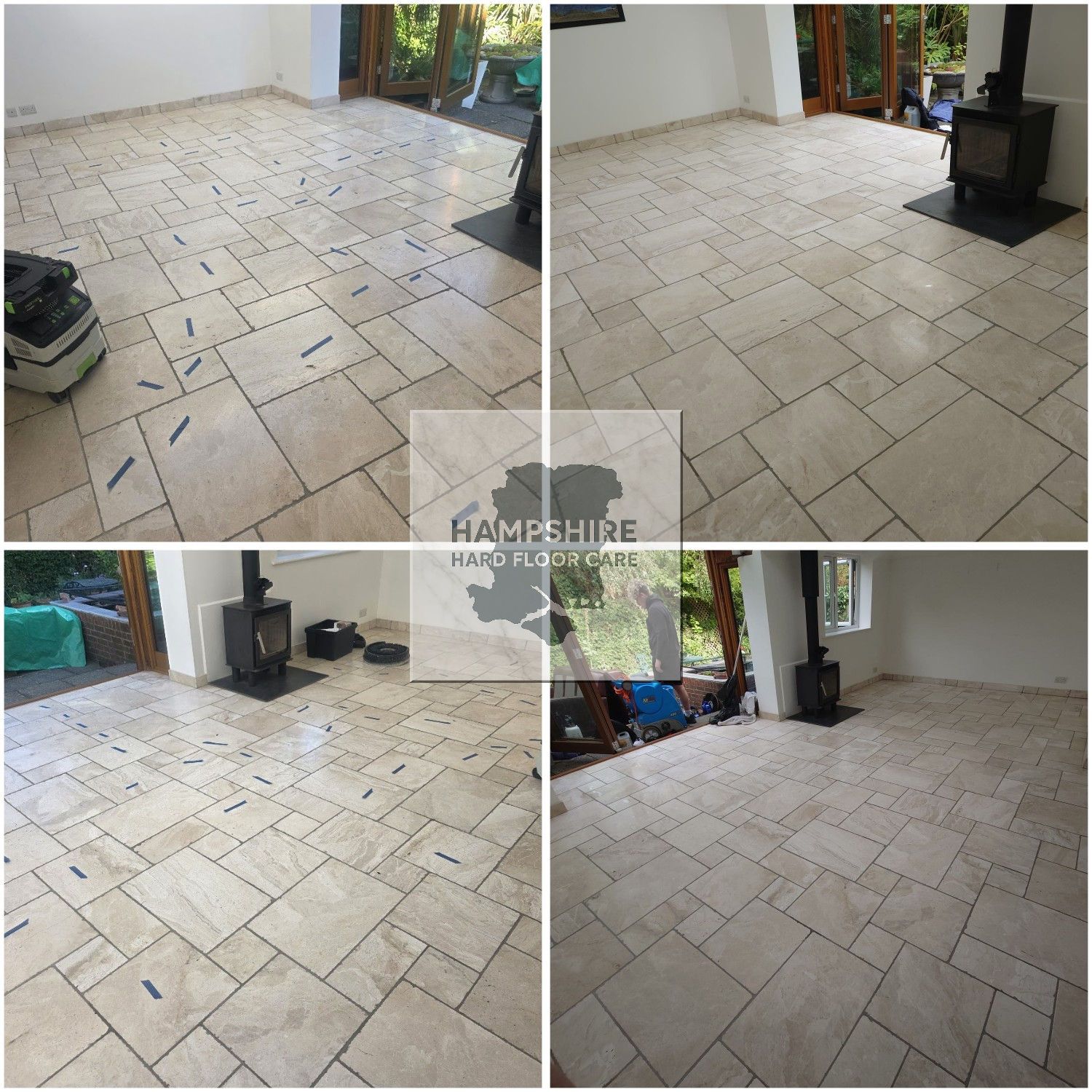 Cracked travertine floor before restoration in Hampshire