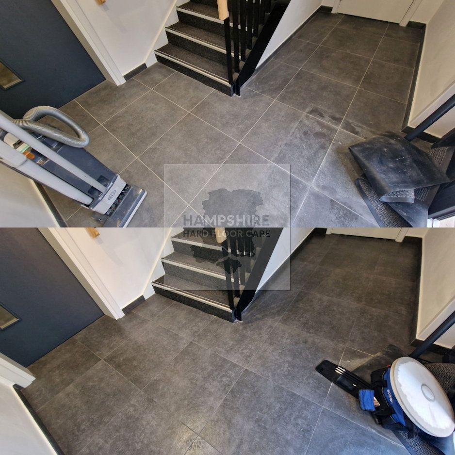 Porcelain hallway floor rejuvenated with professional deep cleaning