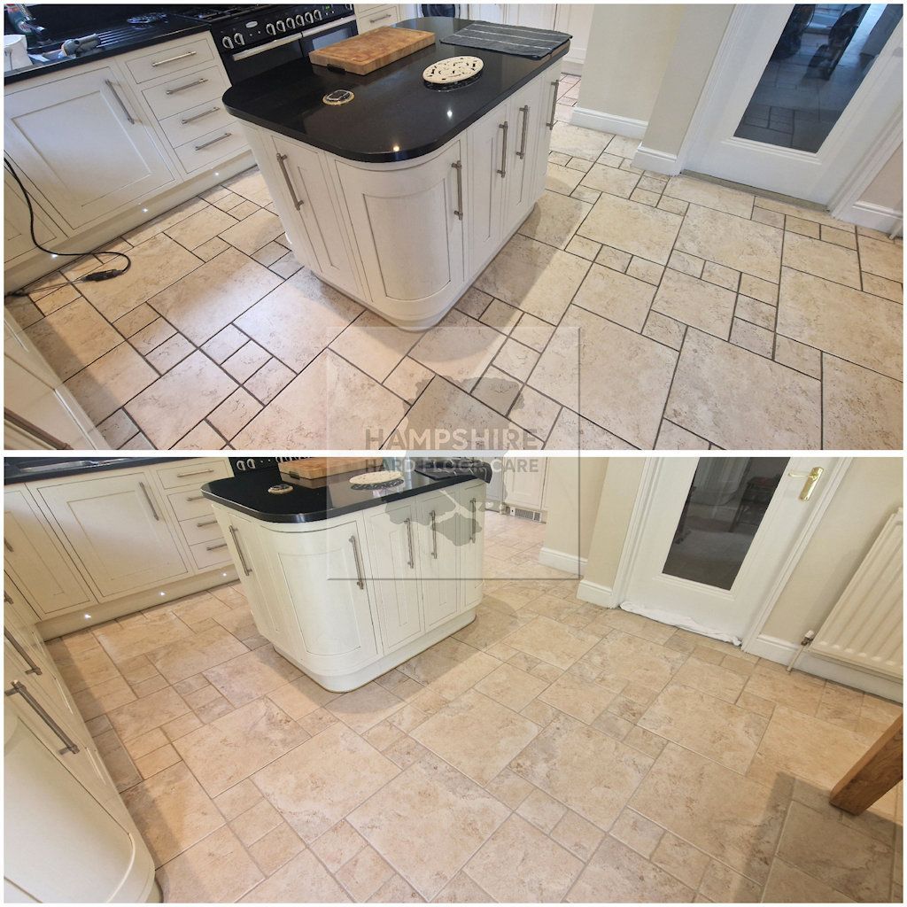 Ceramic floor tiles before deep cleaning showing embedded dirt and dull appearance
