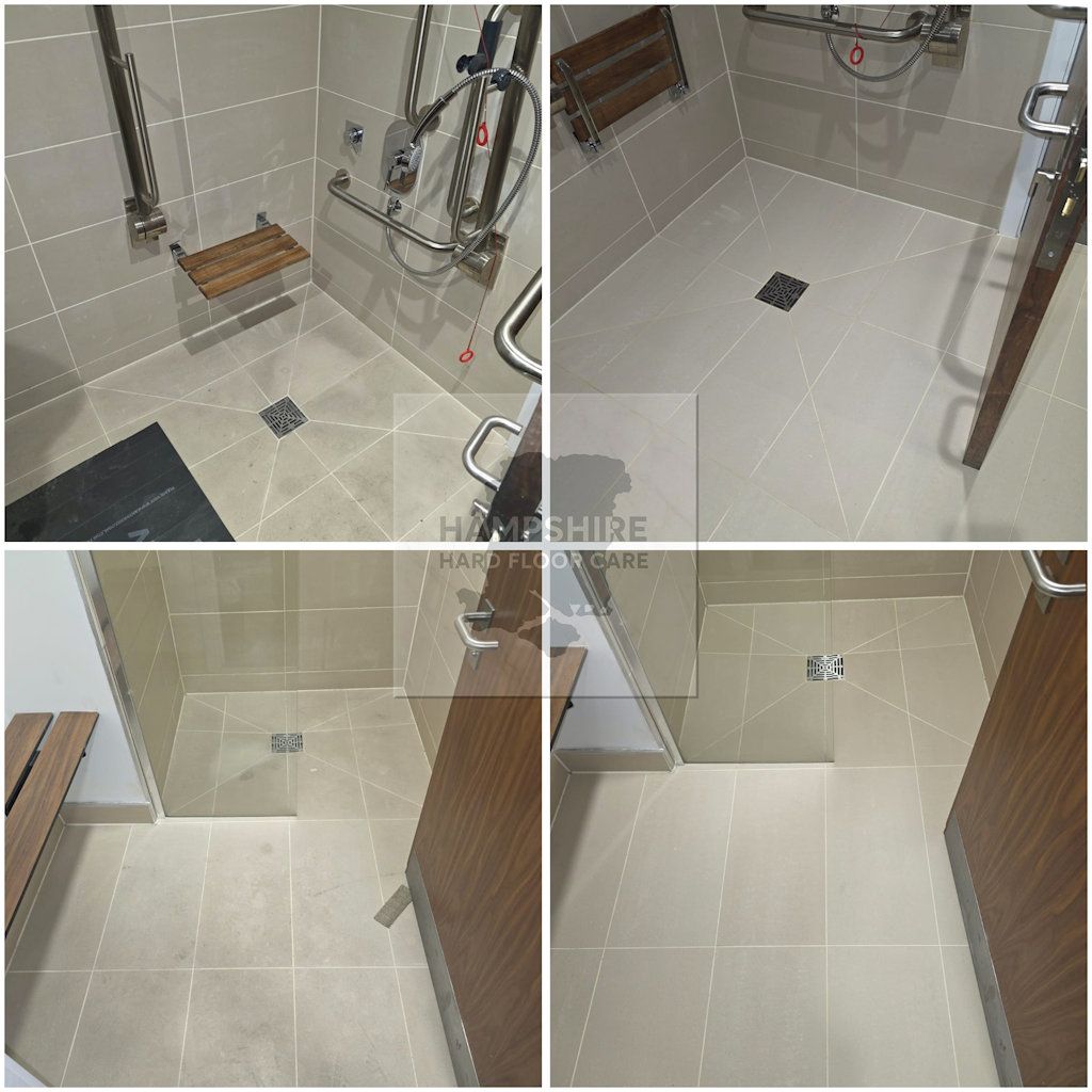 Four-panel view of a barrier-free shower with beige tile, grab bars, and a wooden seat.