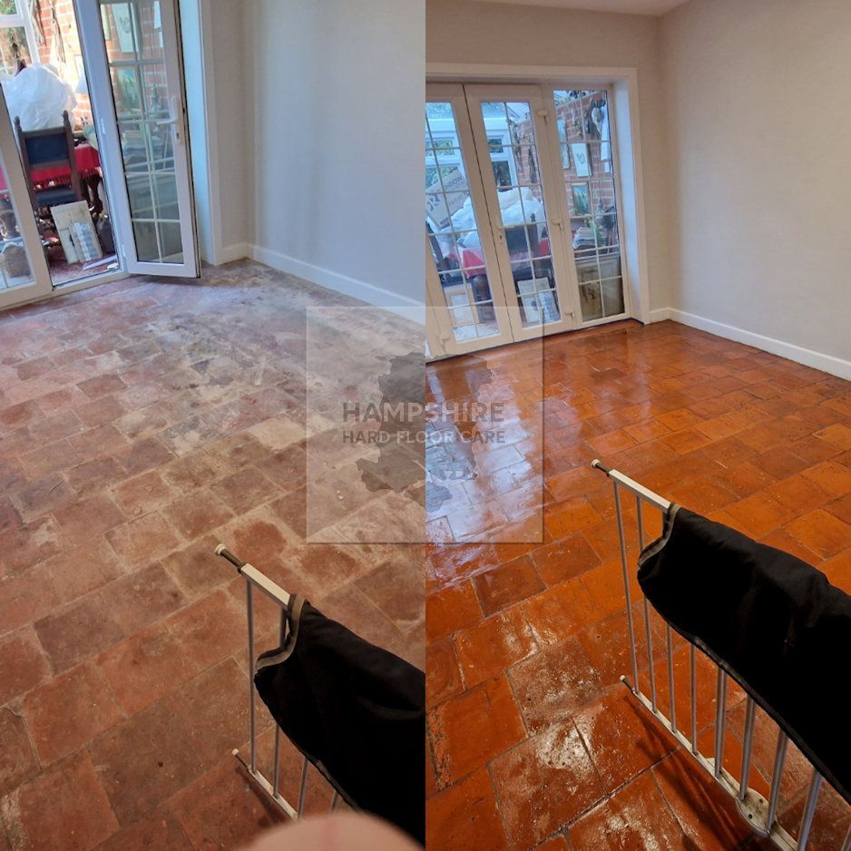 Restored quarry tile floor with rich, even tones after professional cleaning and sealing