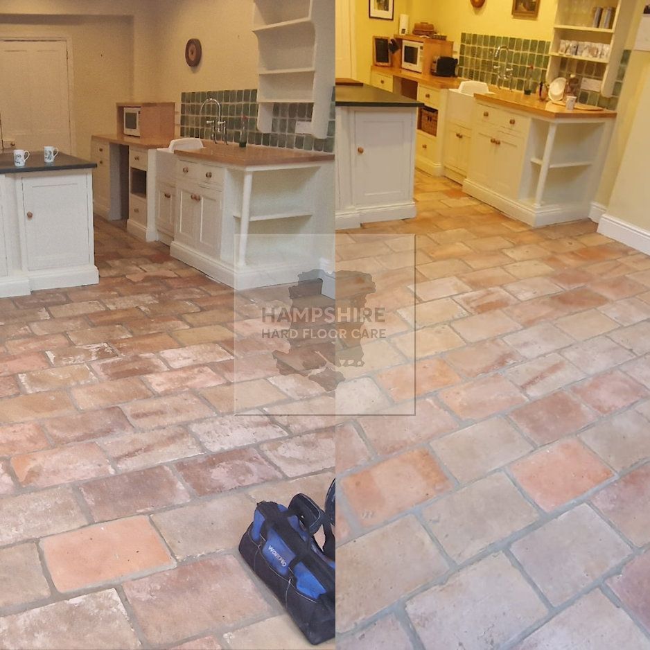 Deep cleaning terracotta grout lines to remove long-term soiling