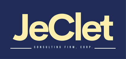 Logo for JeClet Consultile Firm Corp. with light yellow text on a dark blue background.