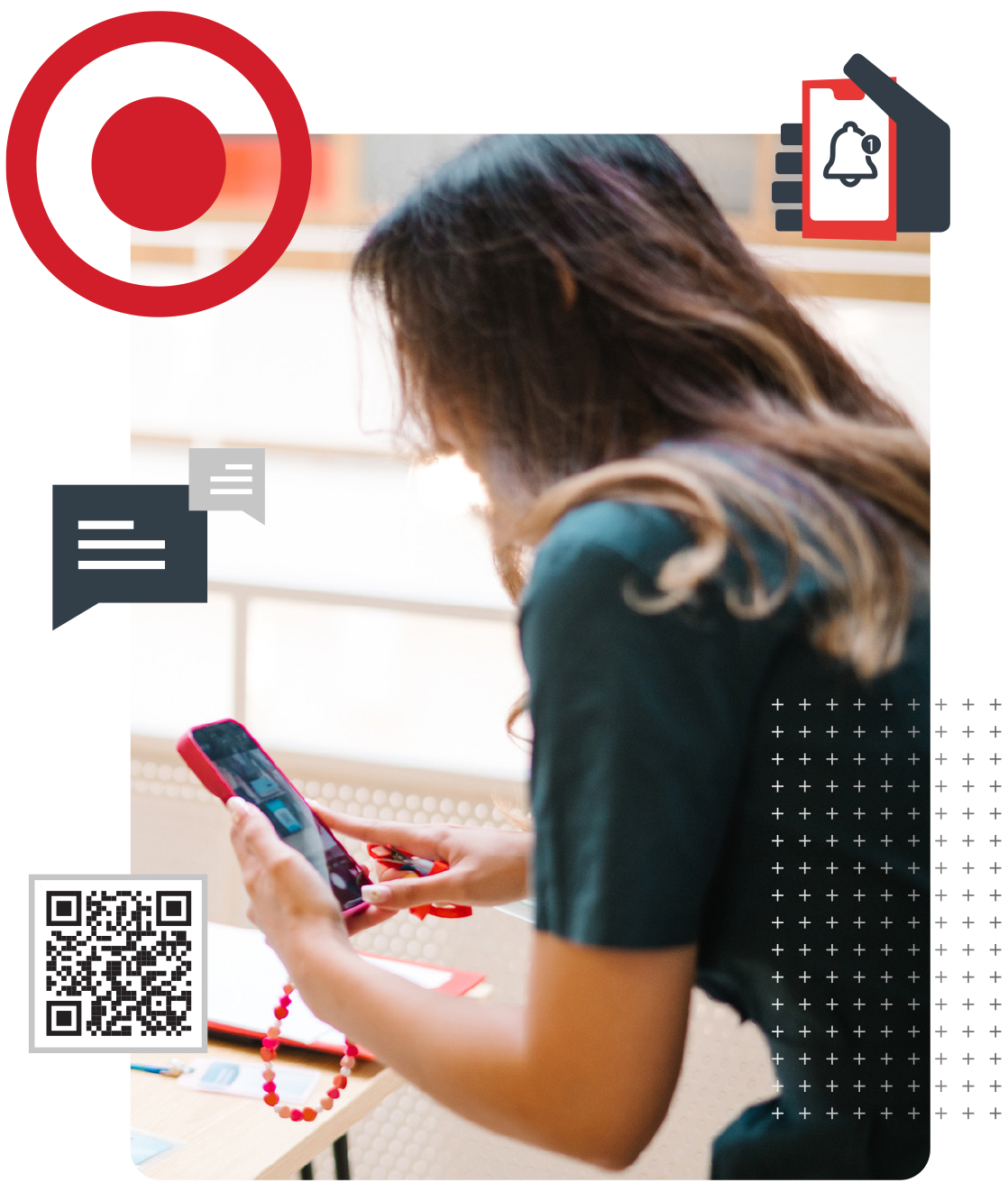 a woman is looking at her phone with a target logo in the background