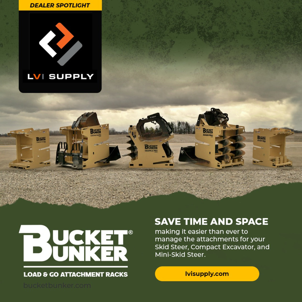 Loader Bucket Rack Dealer Locator | Bucket Bunker® Load & Go Attachment Racks