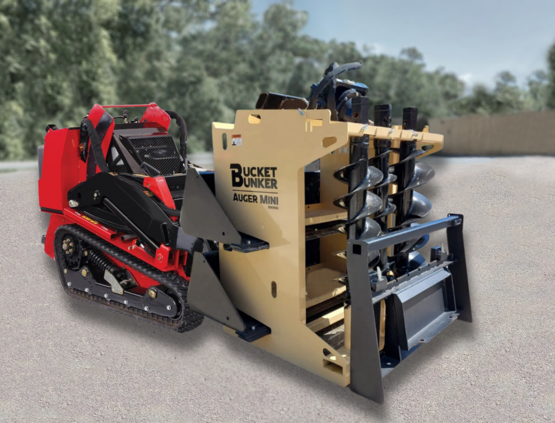 A red and black tractor with a bucket bunker auger mini attached the to front.