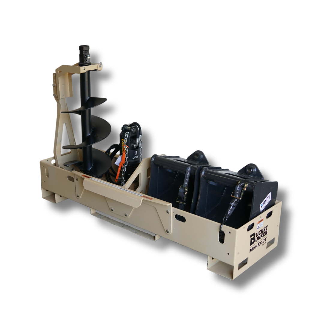 Fully loaded Mini-EX 2T Bucket Bunker® attachment rack on display. Auger Drive, Auger Bit, Buckets, etc.