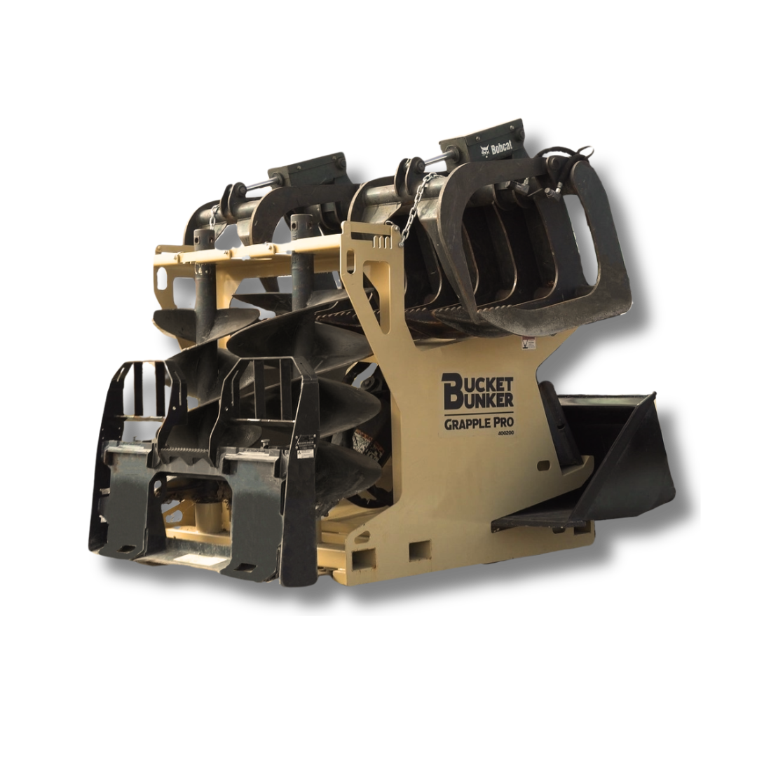 A bucket bunker grapple pro skid loader attachment rack. 