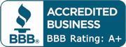 BBB Accredited Business badge with flame icon and “BBB Rating: A+” in blue and white