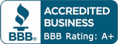 BBB Accredited Business badge with flame icon and “BBB Rating: A+” in blue and white