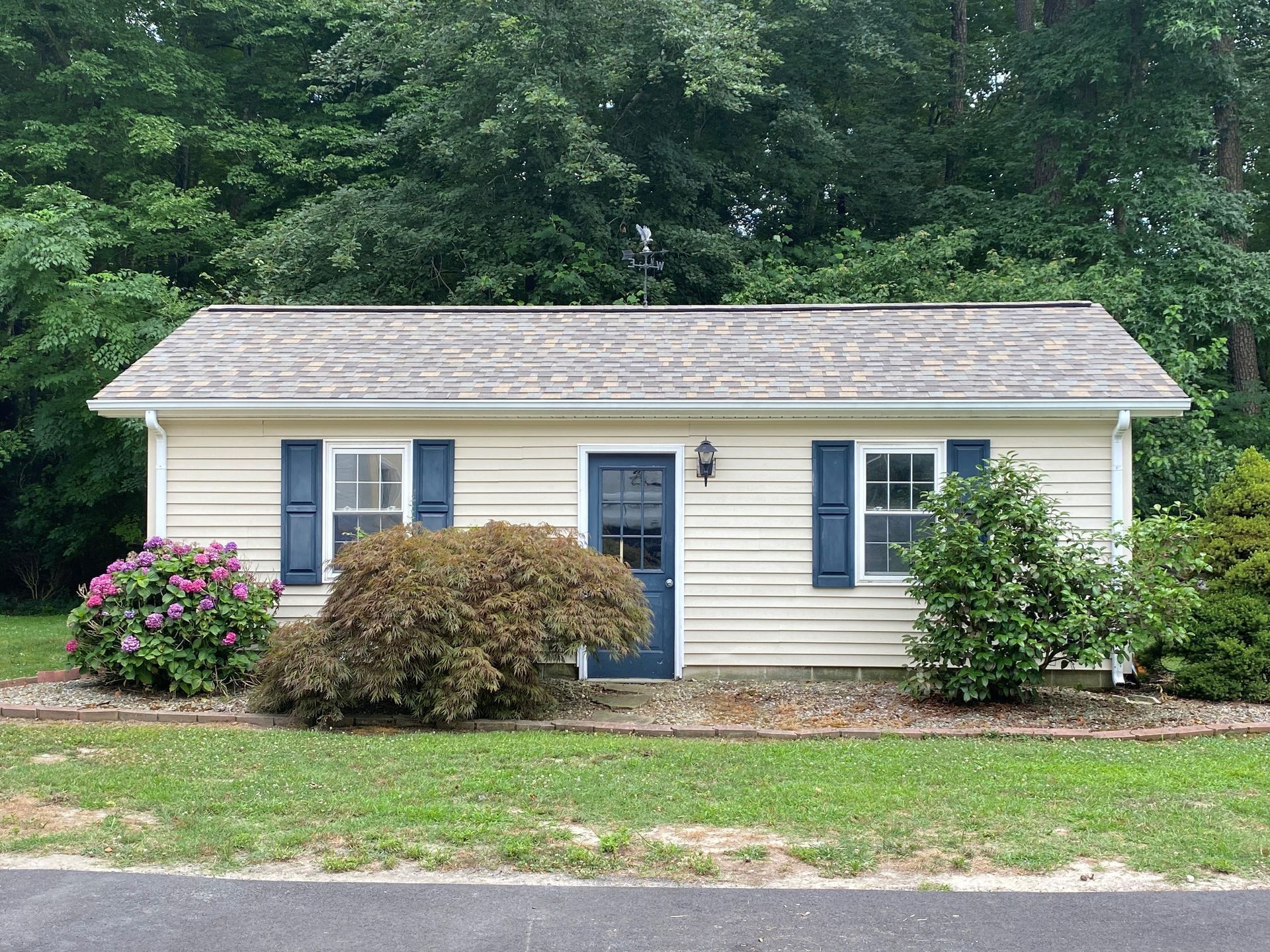 Small beige house with blue trim and shutters, surrounded by shrubs and trees.