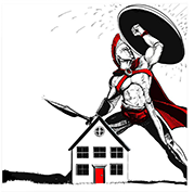 Illustration of a red-caped warrior leaping above a house, holding a shield and sword with a red door below