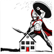 Masked hero with shield and sword leaping above a small house with a red door and red cape