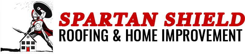 Spartan Shield Roofing & Home Improvement logo with red-and-black text and a small mascot holding a shield