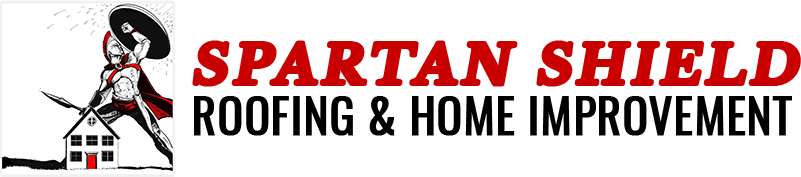 Spartan Shield Roofing & Home Improvement logo with a mascot in black, red, and gray