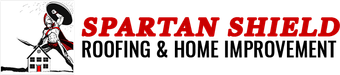 Spartan Shield Roofing & Home Improvement logo with a mascot in black, red, and gray