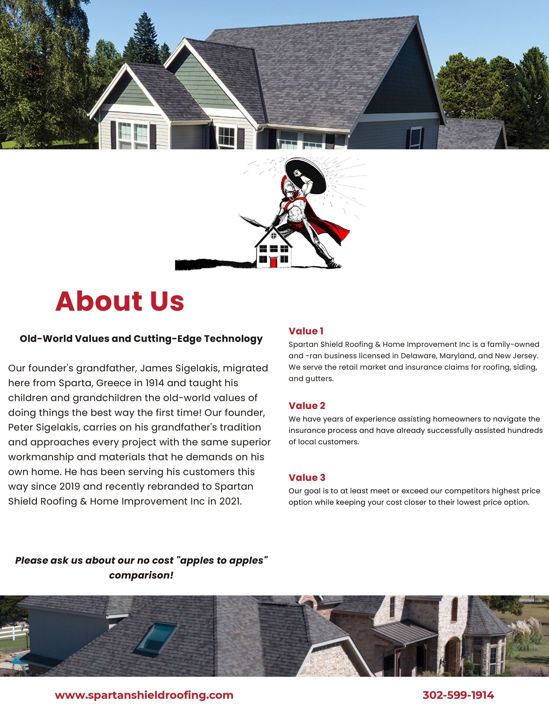 Website “About Us” section with a cartoon mascot and text over a house roof background