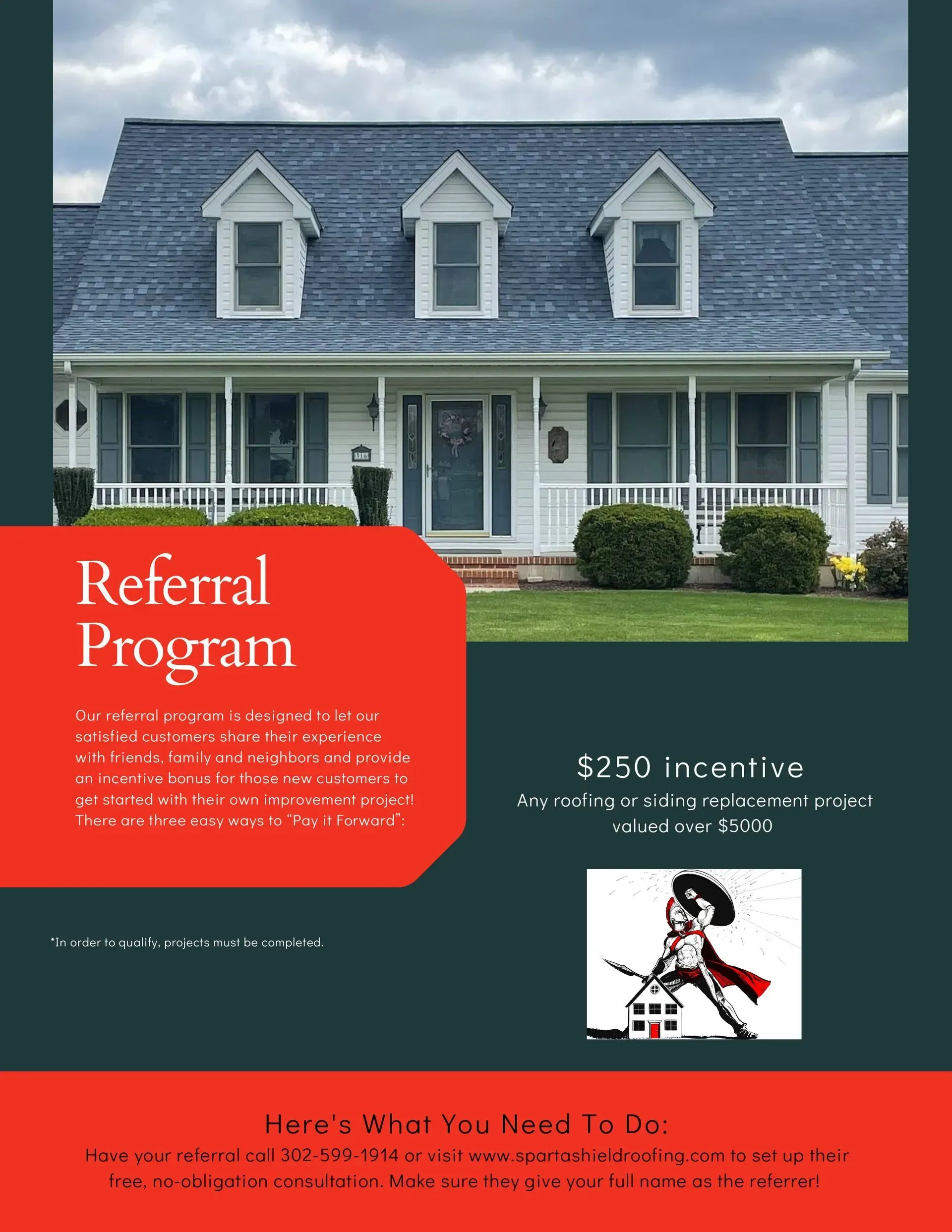 Referral program flyer with a house photo, red text blocks, and a small logo at the bottom.