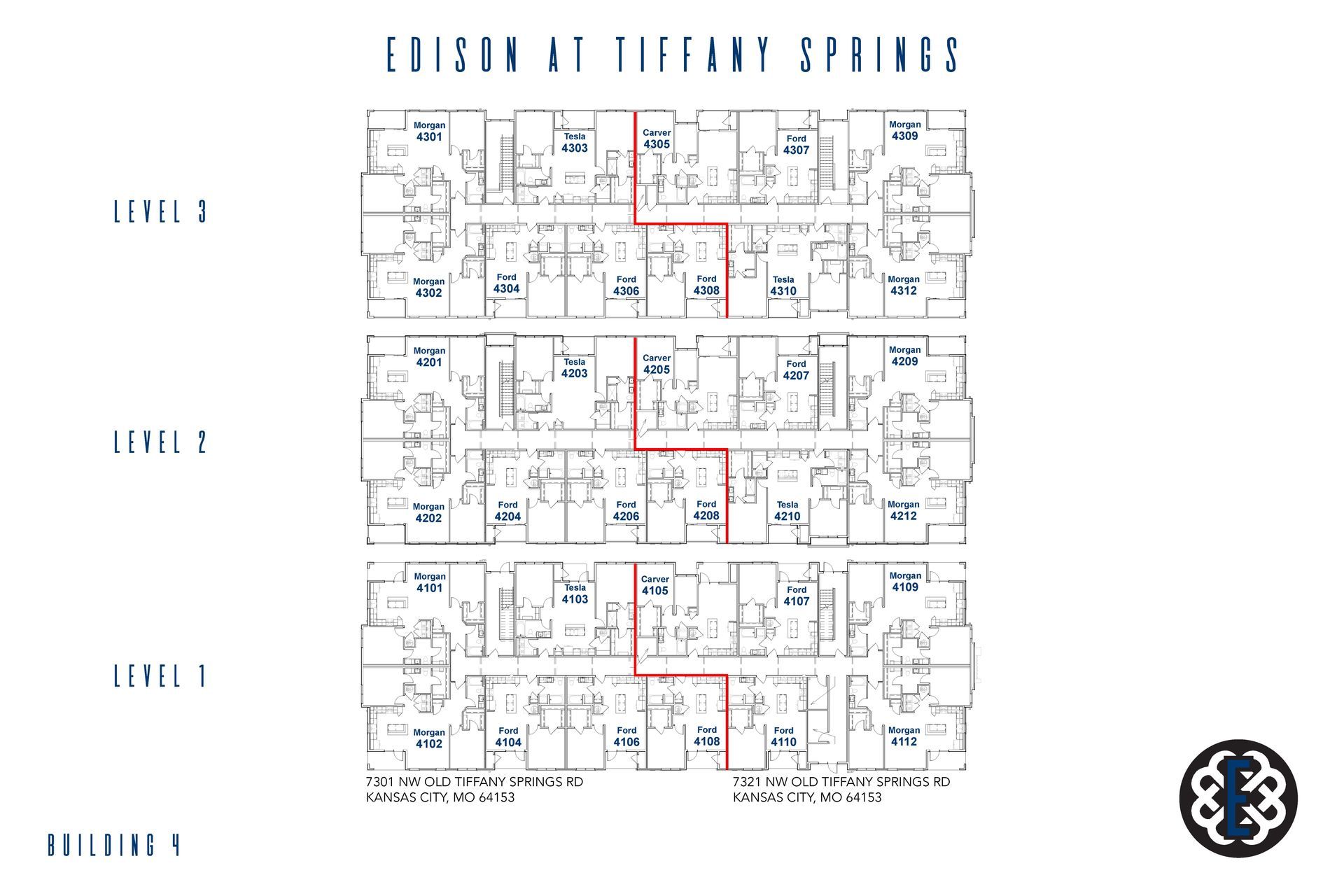 A black and white drawing of a building with the words edison at tiffany springs on the bottom.