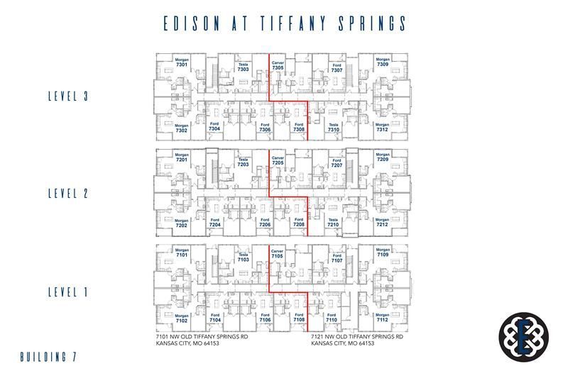 A floor plan of edison at tiffany springs is shown on a white background.