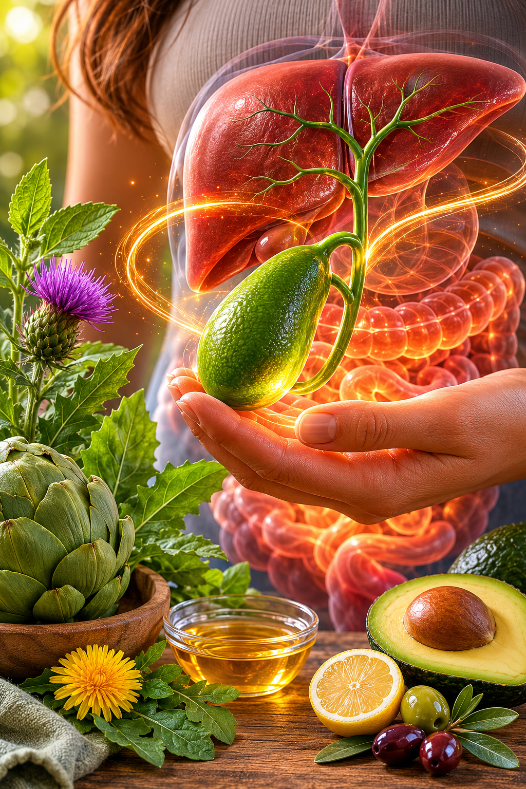 Hands holding glowing liver with fruits, vegetables, and avocados symbolizing liver health