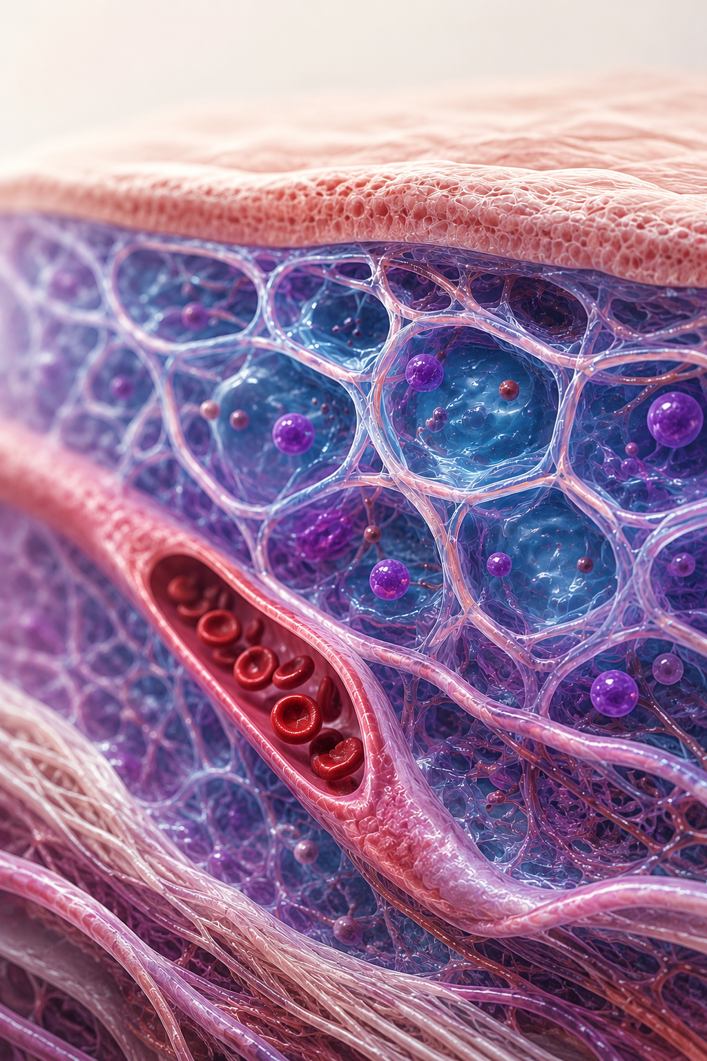 Microscopic view of glowing purple cells with a red blood vessel in fibrous tissue