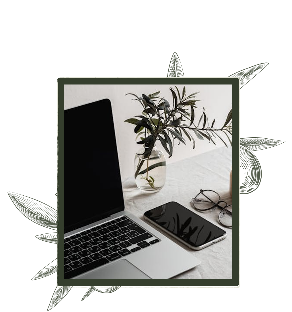 Laptop, phone, glasses, and plant on a white desk, enclosed in a dark green frame with plant doodles.