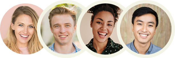 Four people smiling in circular frames.