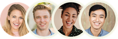 Four people smiling in circular frames.