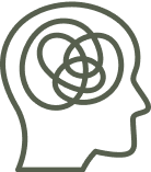 Head silhouette with a tangled, knotted brain, symbolizing complex thoughts.