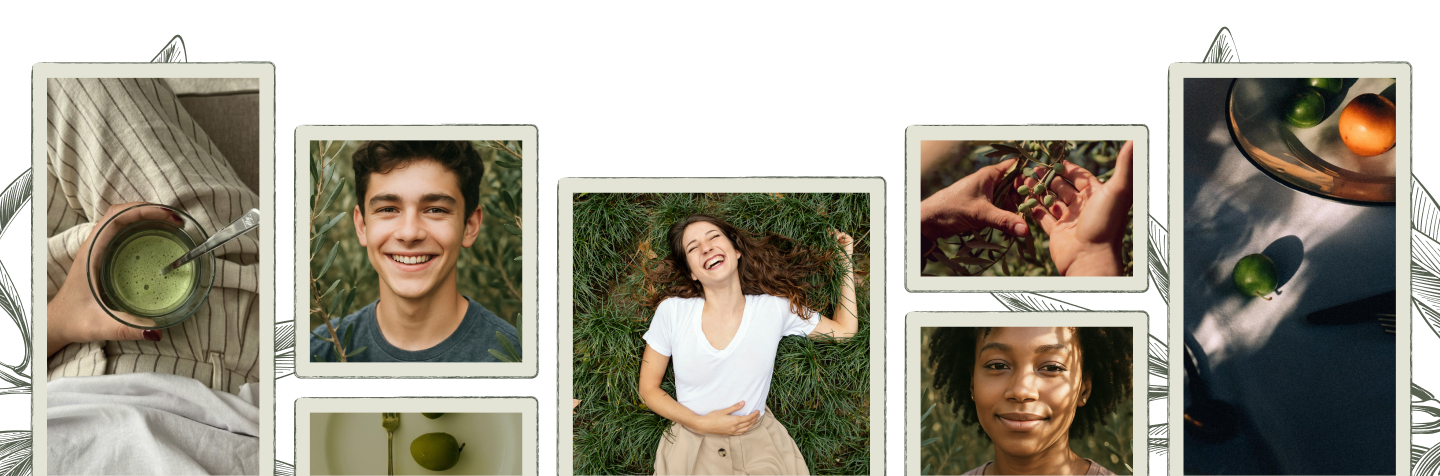 Collage of photographs; a smiling person, grass, food, and people.
