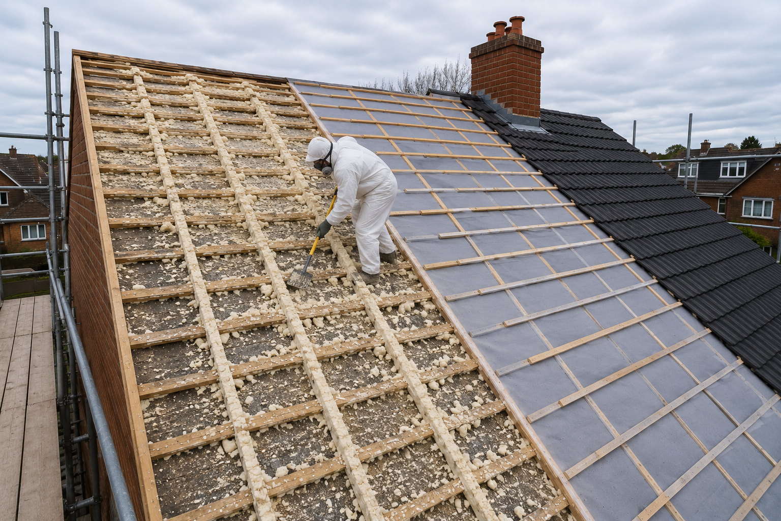 Worker installing insulation on a sloped roof beside solar panels and roof tiles