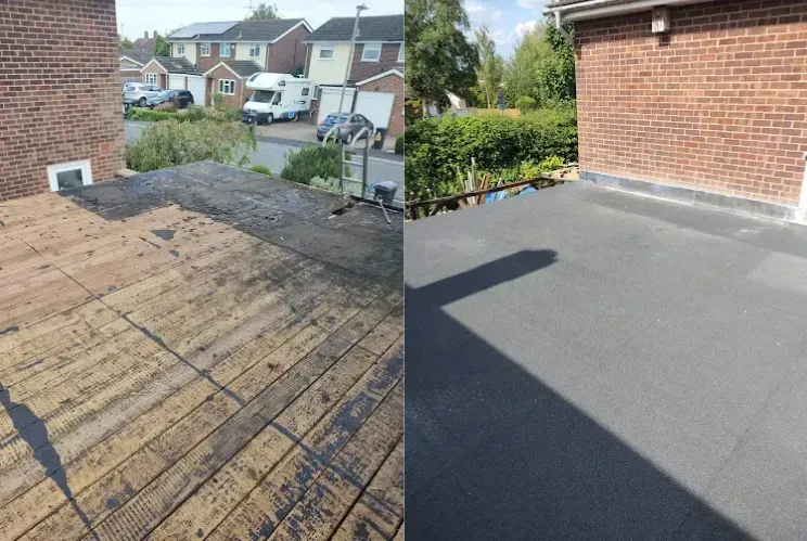 Before-and-after of a roof repair: worn wooden roof deck beside a newly coated black flat roof.
