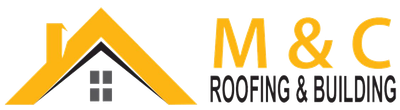 M&C Roofing & Building logo with yellow roof icon and gray house windows on white background