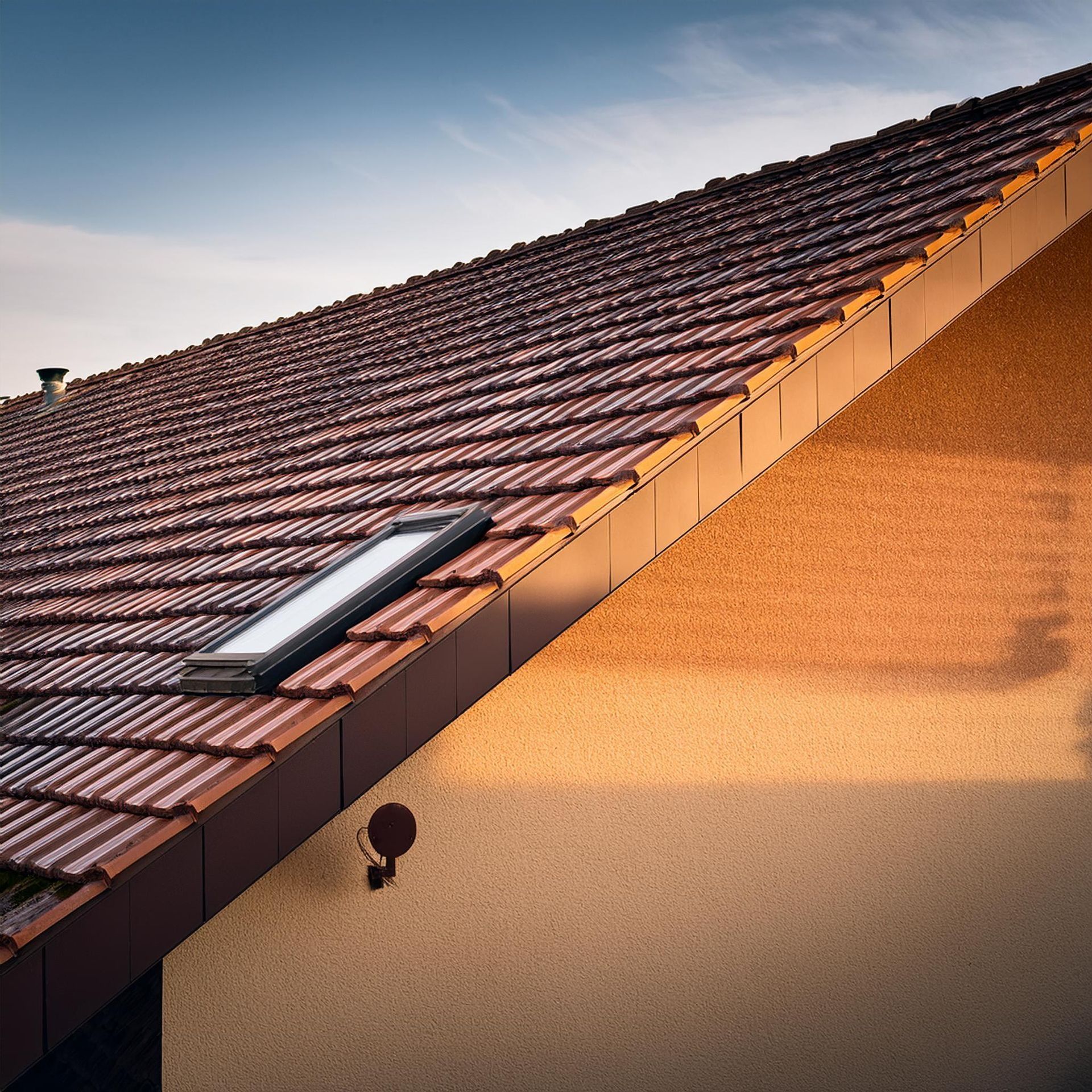 Red tiled roof with a skylight on a beige house under a blue sky