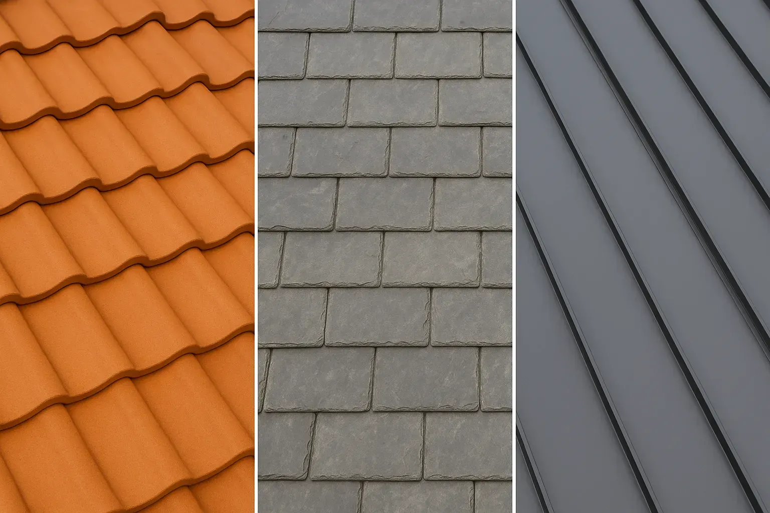 Three types of roofing materials: clay roof tiles, slate tiles and standing seam metal roofing