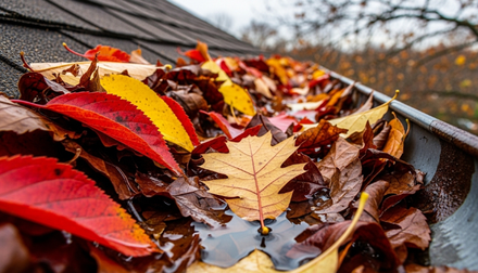 Rain-soaked autumn leaves in a gutter beside a shingled roof