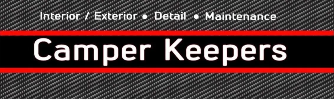 Logo for Camper Keepers, with "Interior / Exterior &bull; Detail &bull; Maintenance" above and "Camper Keepers" in white on a black and red bar.